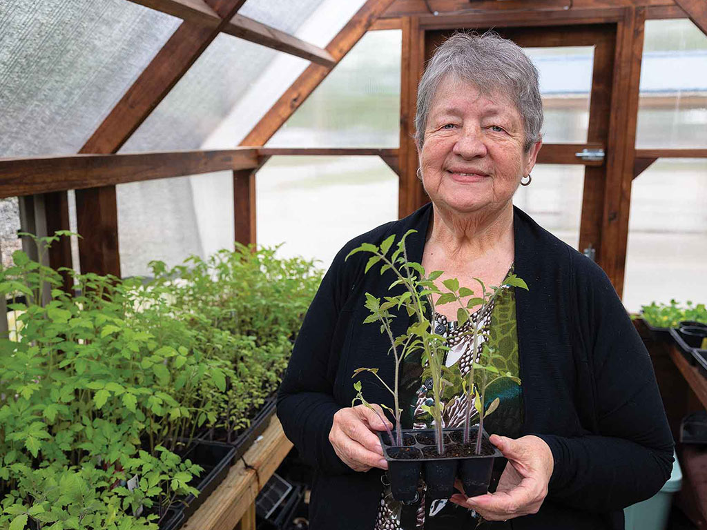 Person smiling with plant seedling in black plastic flat standing in a greenhouse