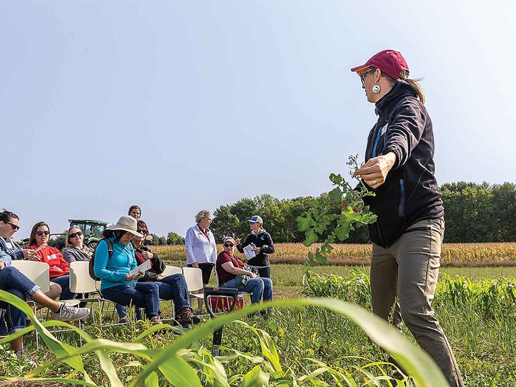 person in red baseball cap holding several plant branches in front of a crowd of seated people in a field