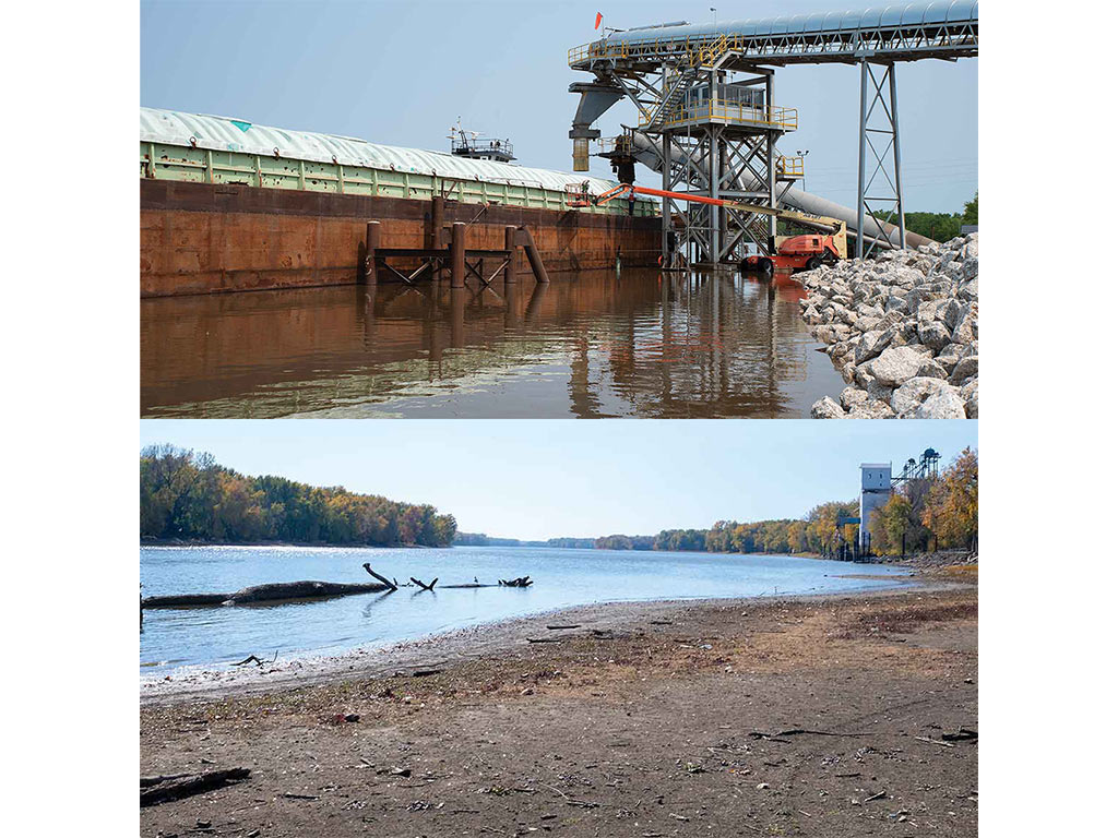 High river water at a biofuel plant on Illinois River and a second image of the river bed with very little water