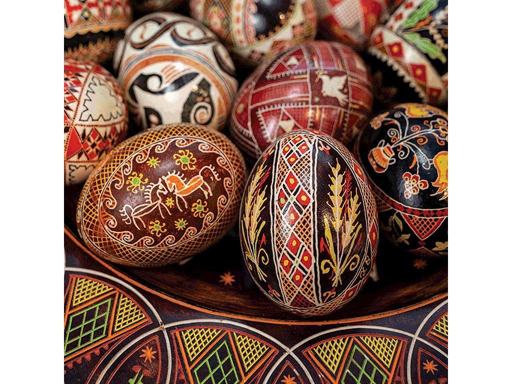 Closeup of intricately painted Ukrainian Easter eggs 