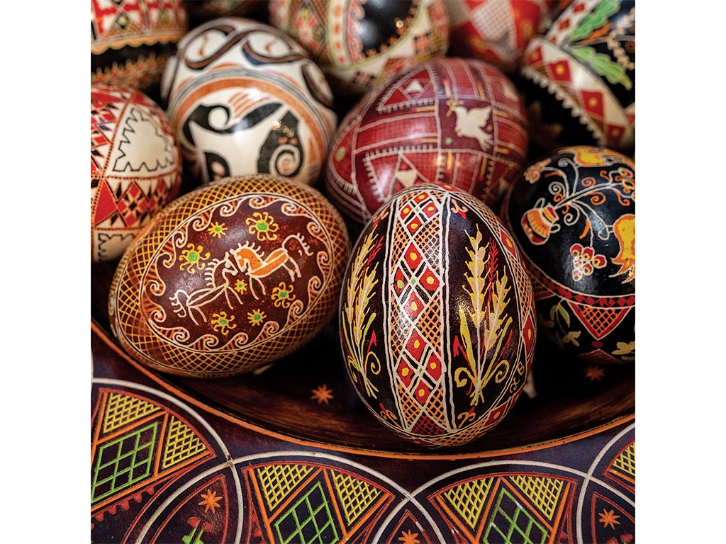 Closeup of intricately painted Ukrainian Easter eggs