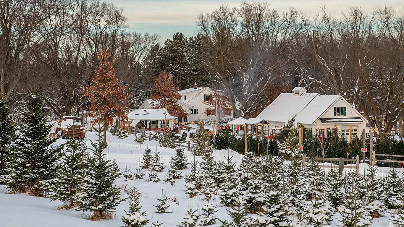 Snowy field beside warming house on a winter day.