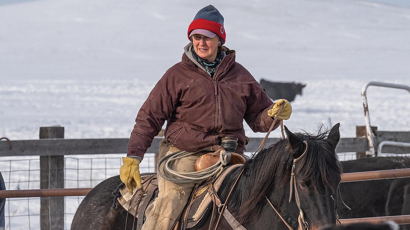 A person wearing beanie and brown jacket riding a horse.