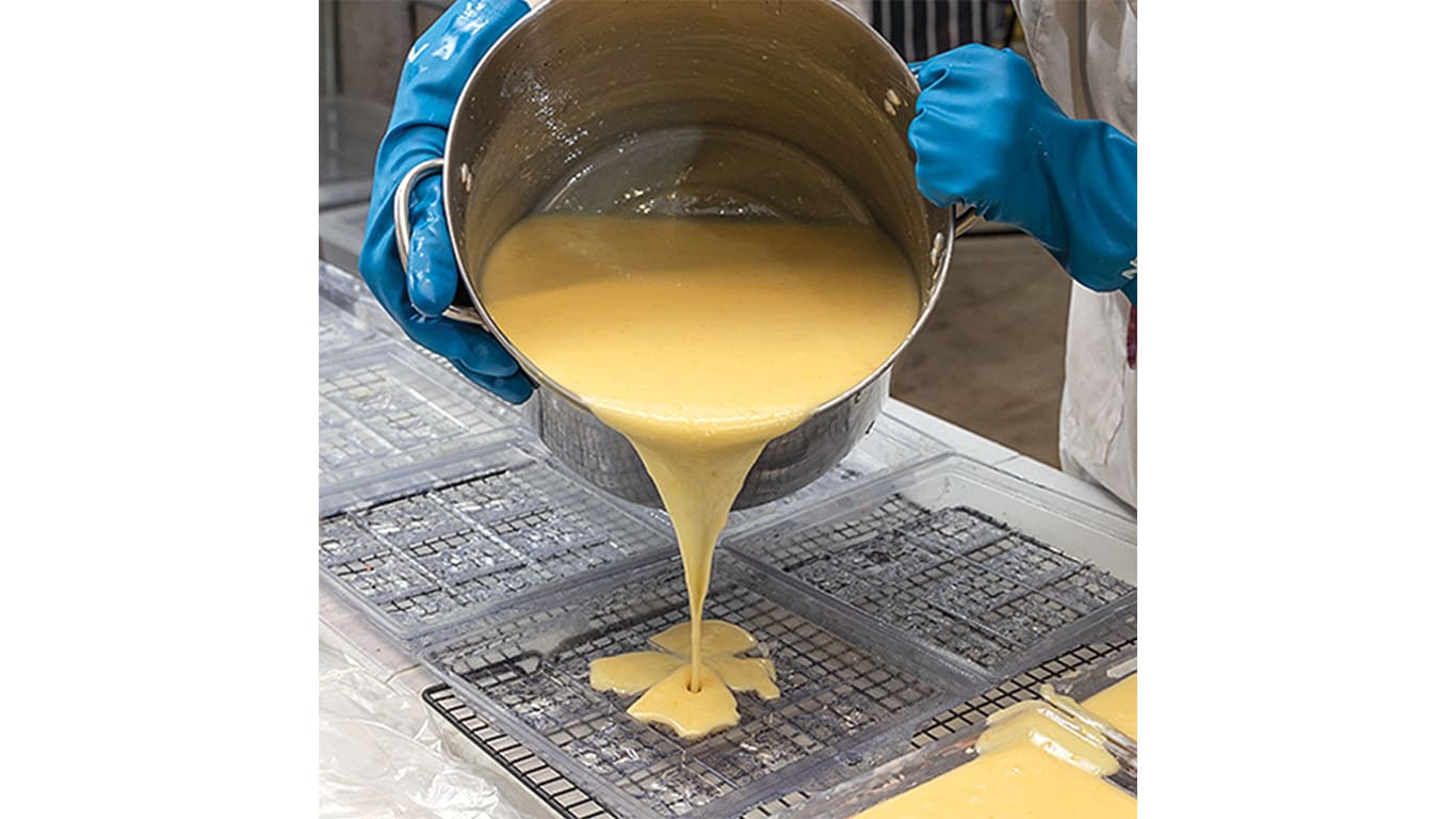 A person in blue gloves pours a light yellow mix from a metal pot into a mold.