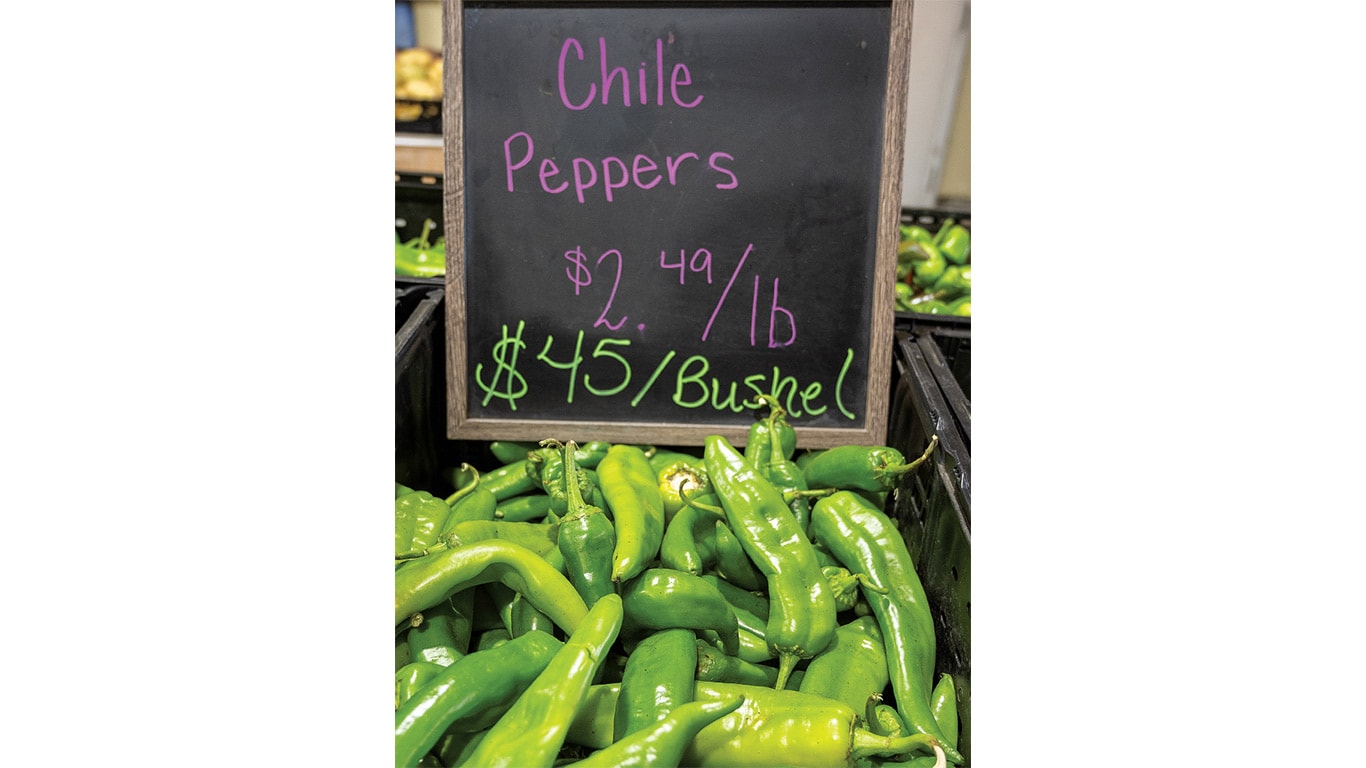 Green chile peppers for sale with sign reading '$2.49/lb $45/Bushel' in chalk.