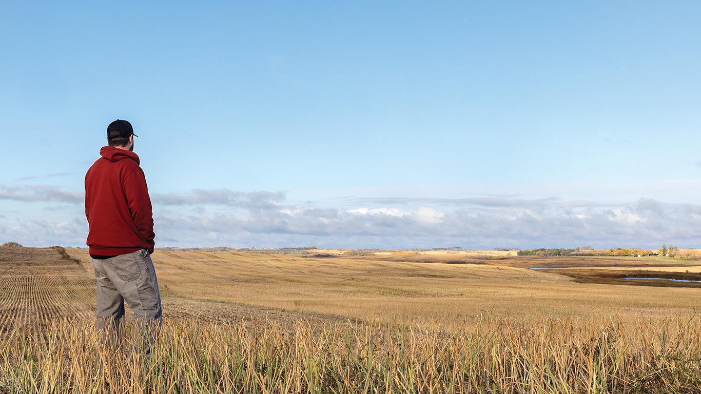 Person in red hoodie and gray pants stands in harvested field under clear blue sky.
