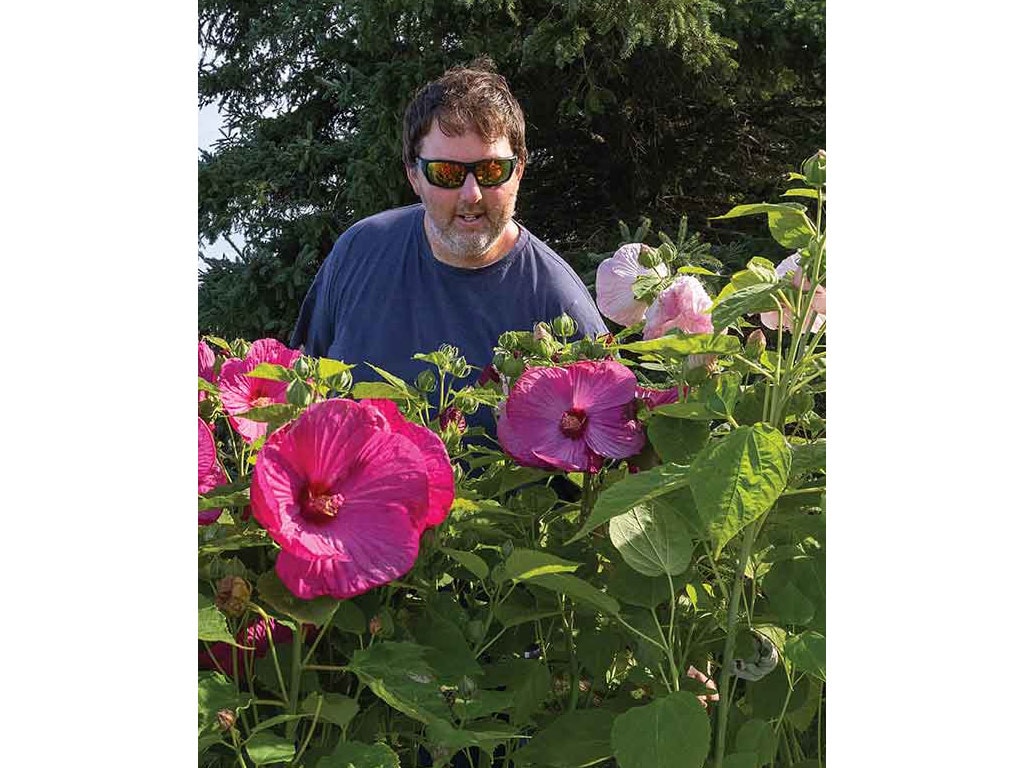 A person in sunglasses looking at blooming flowers