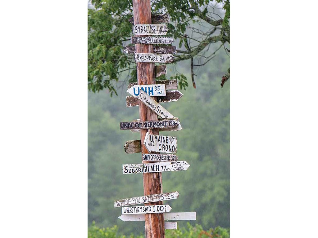 Wooden signpost with directional arrows pointing to various locations.