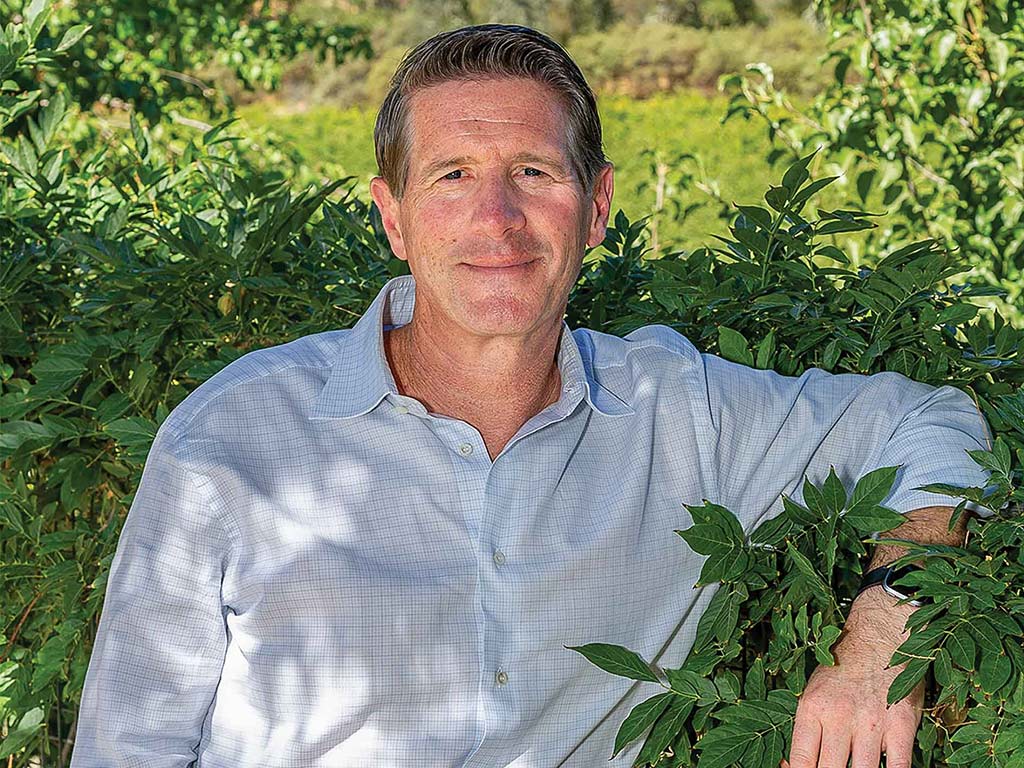 A person smiling behind vines and bushes in daylight