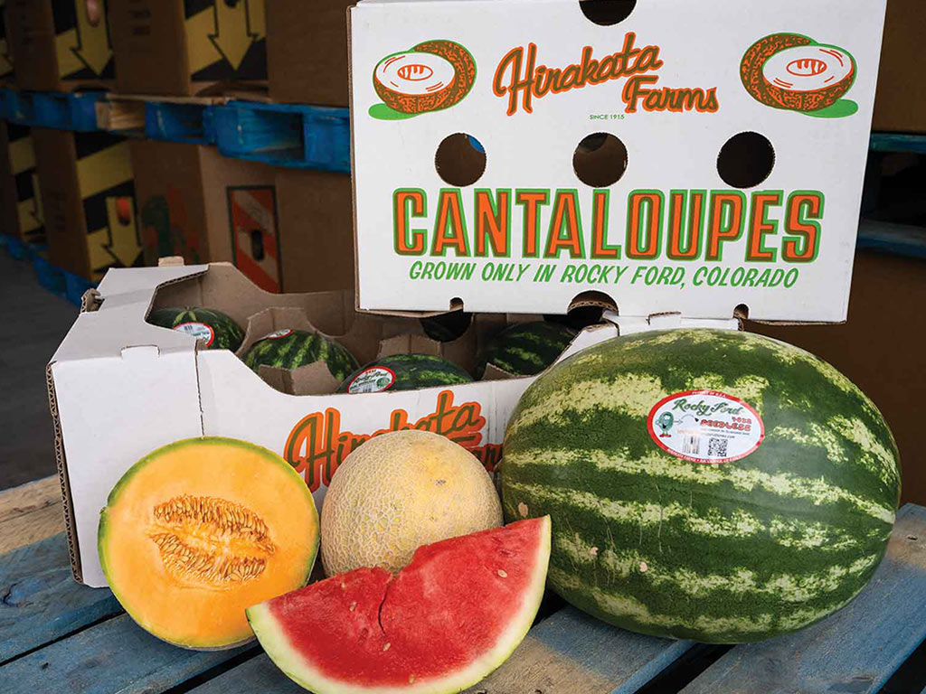 An array of melons in front of a Hirakata Farms box