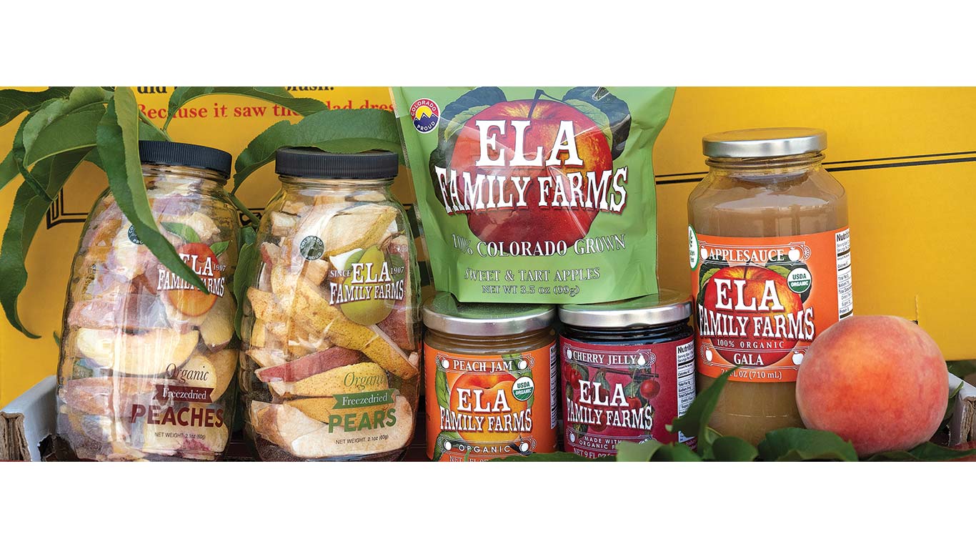 ELA Family Farms jars and bags of fruit products, including peaches, pears, jams, and applesauce.