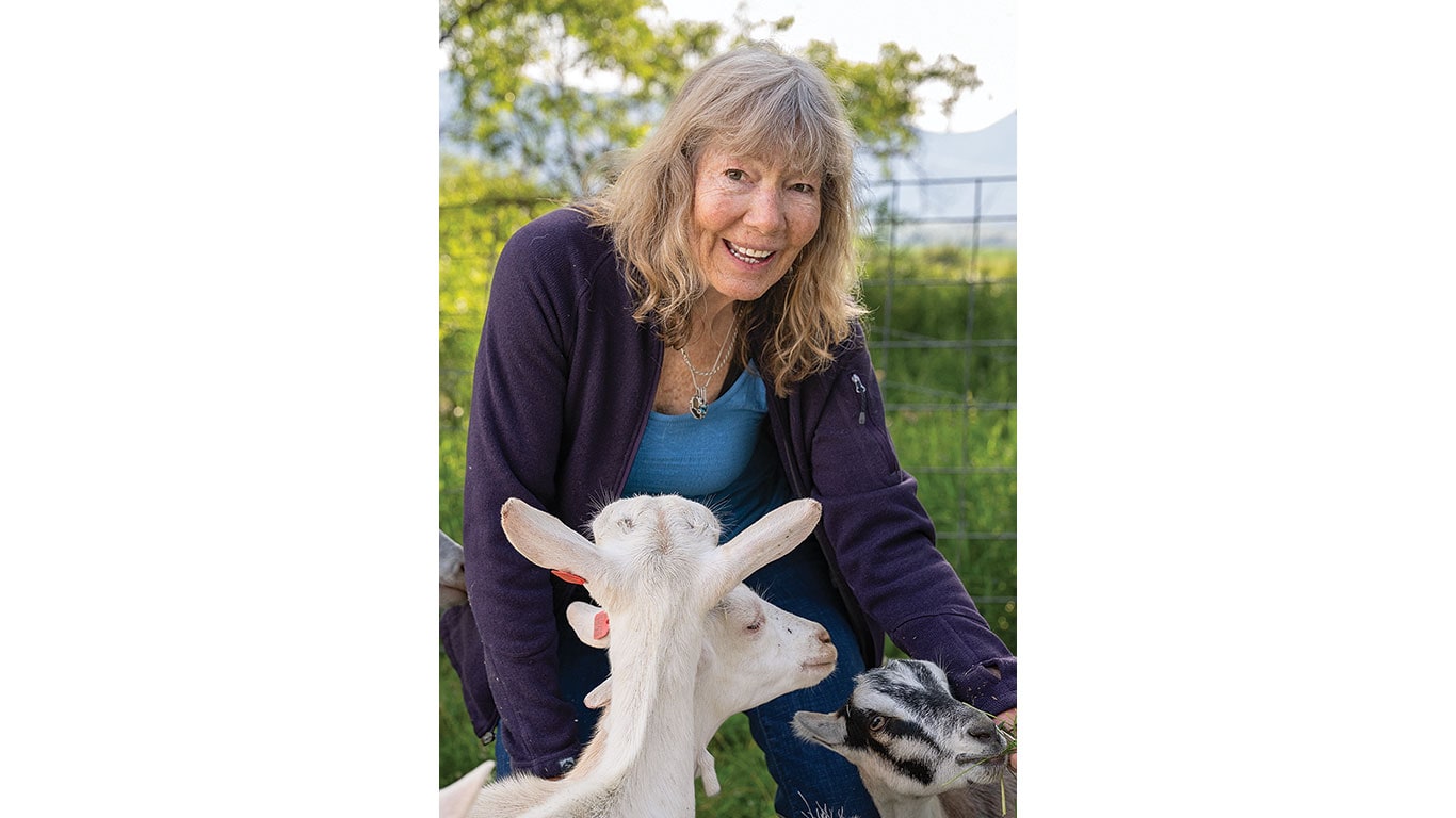 A person smiles while petting two goats