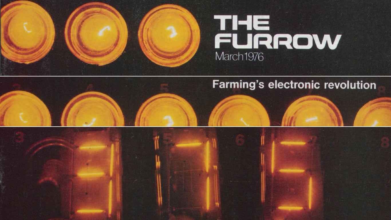Retro The Furrow cover with glowing electronics and the title 'Farming's electronic revolution'.