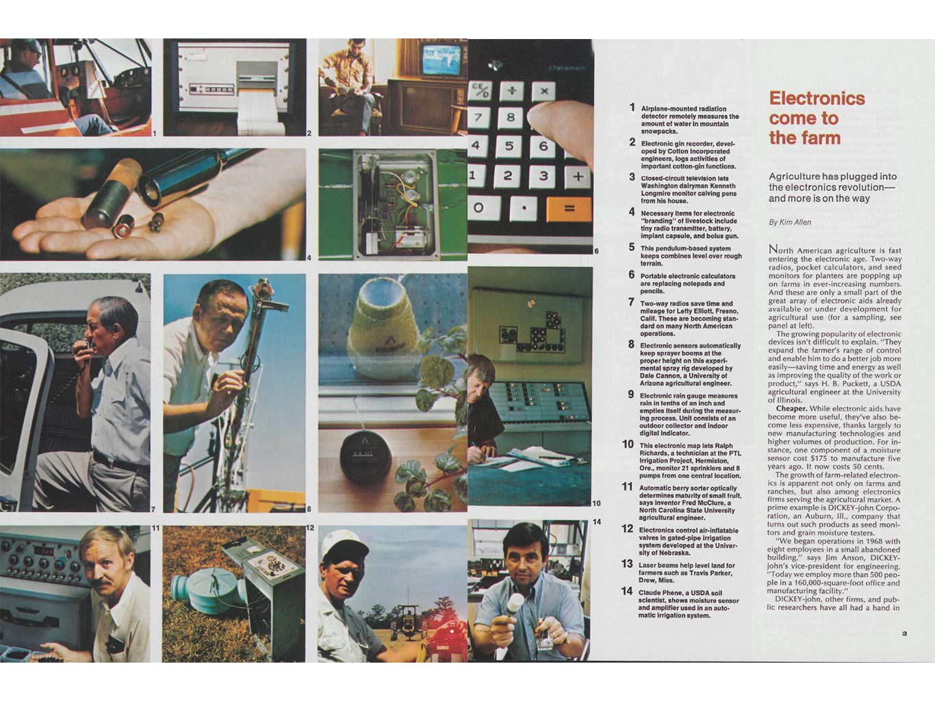 Magazine spread showing farm technology photos and an article titled 'Electronics come to the farm.'
