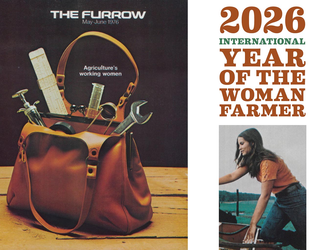 Magazine cover with a handbag filled with tools and text promoting the Year of the Woman Farmer.