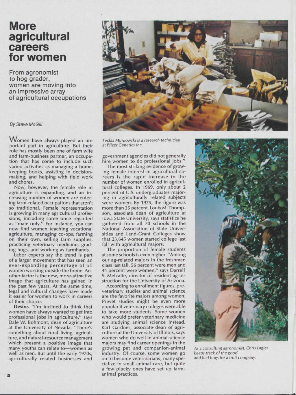 Magazine page showing women working in agricultural roles alongside an article on farm careers.