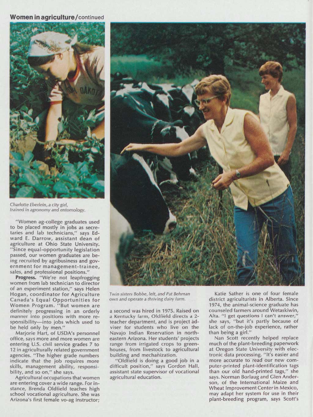 Magazine page showing women working in agricultural roles alongside an article on farm careers.