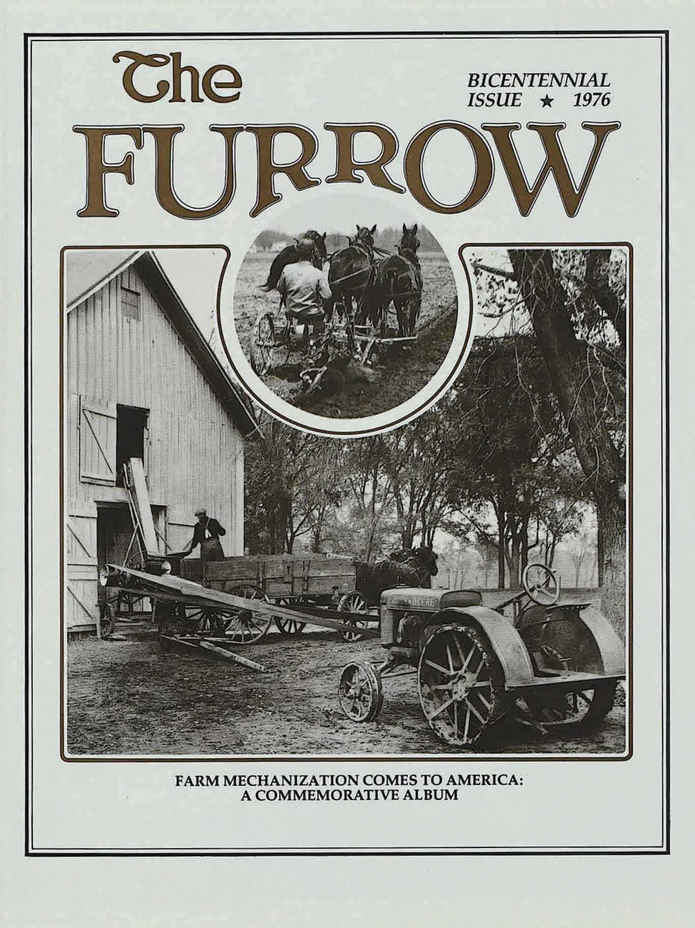 Cover of The Furrow's 1976 bicentennial issue featuring vintage farm mechanization photos.