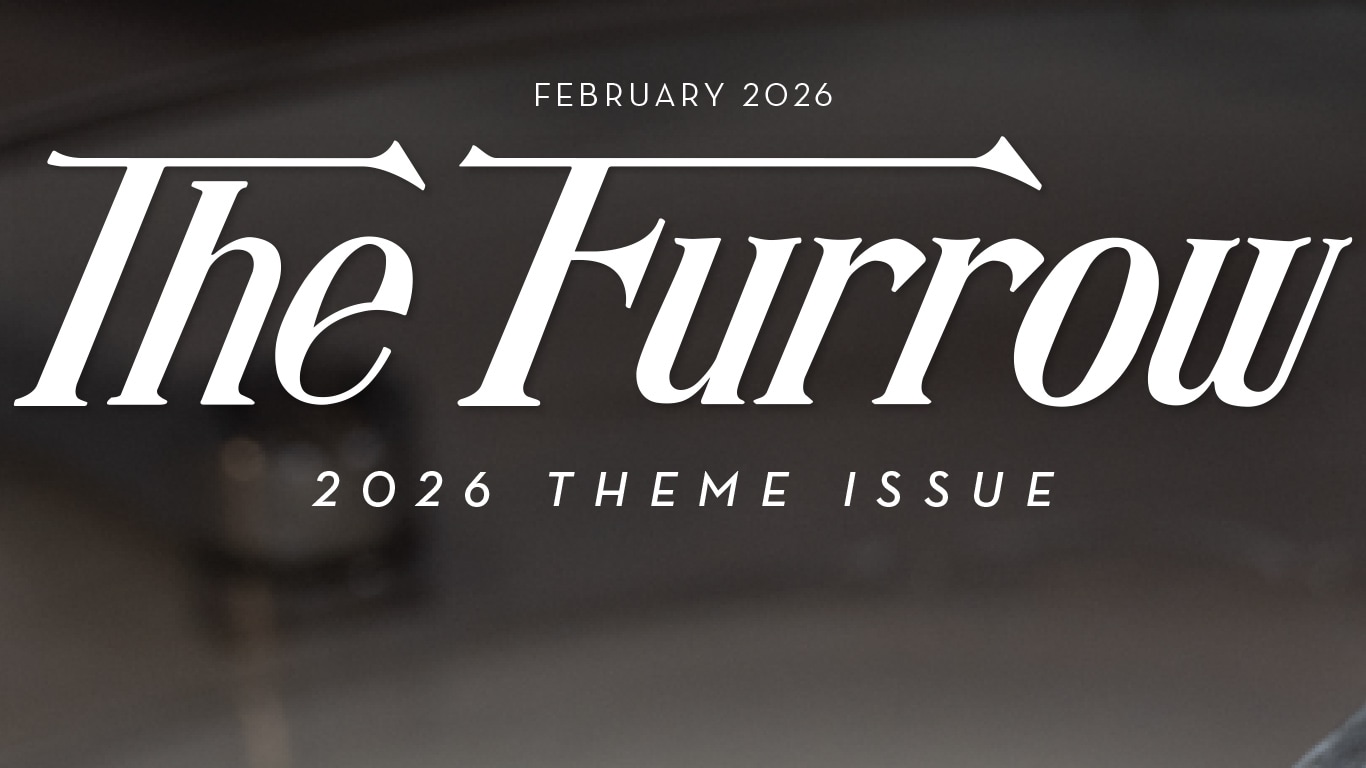 The Furrow February 2026 theme issue cover title on a dark blurred background.
