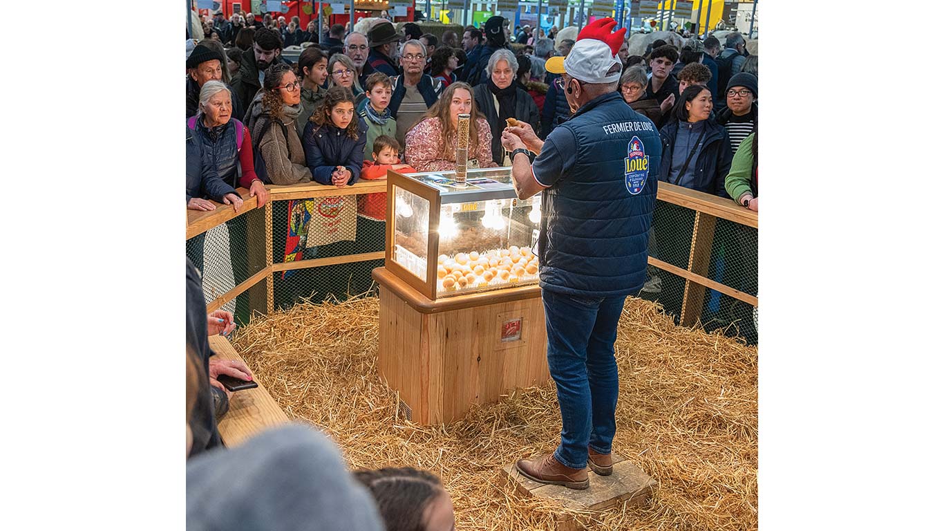 Worker holding a baby chick in hands near an incubator display with audience watching, demonstrating poultry care.