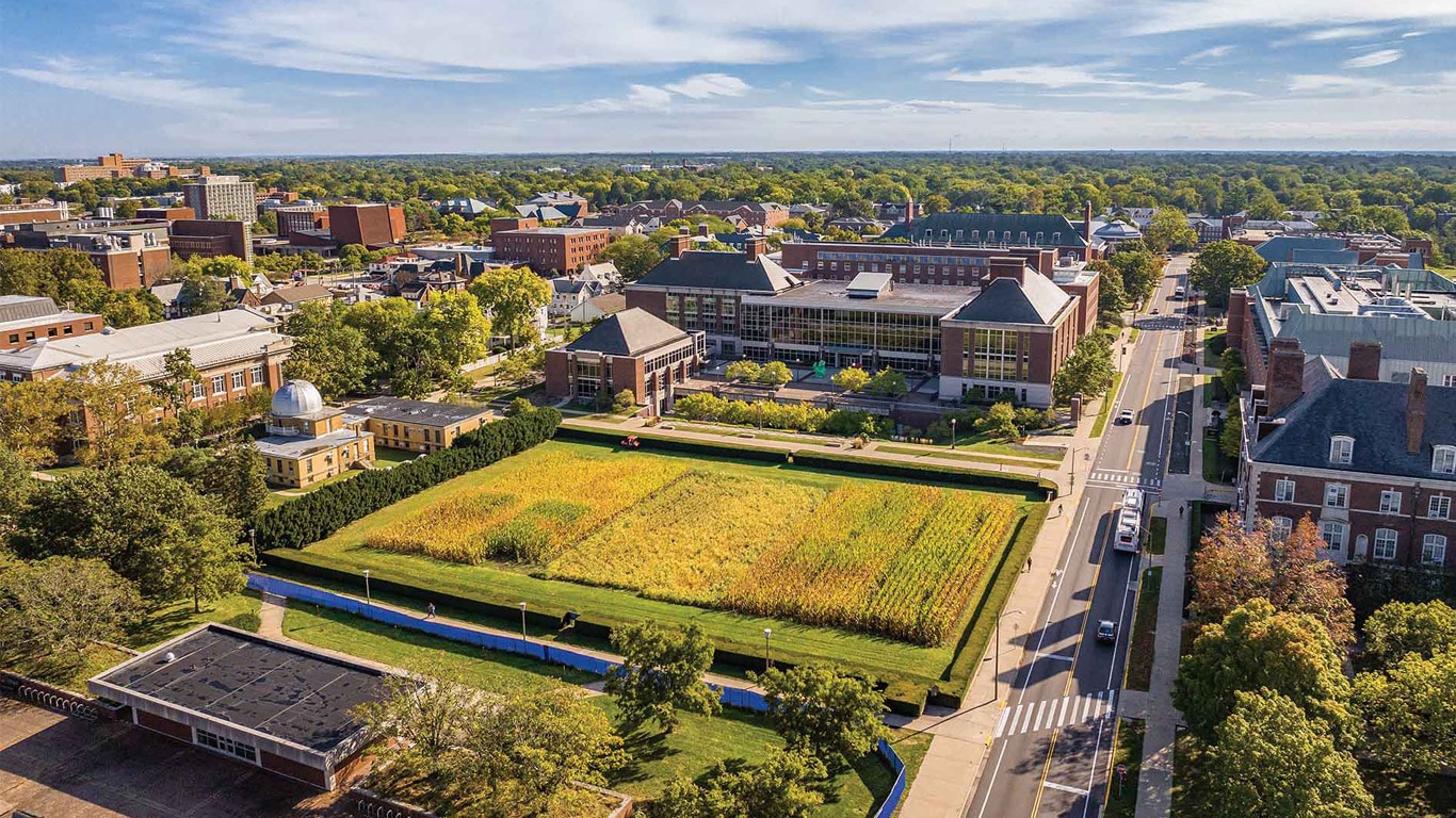 Aerial view of a university campus with academic buildings, a street, and a crop field surrounded by trees.