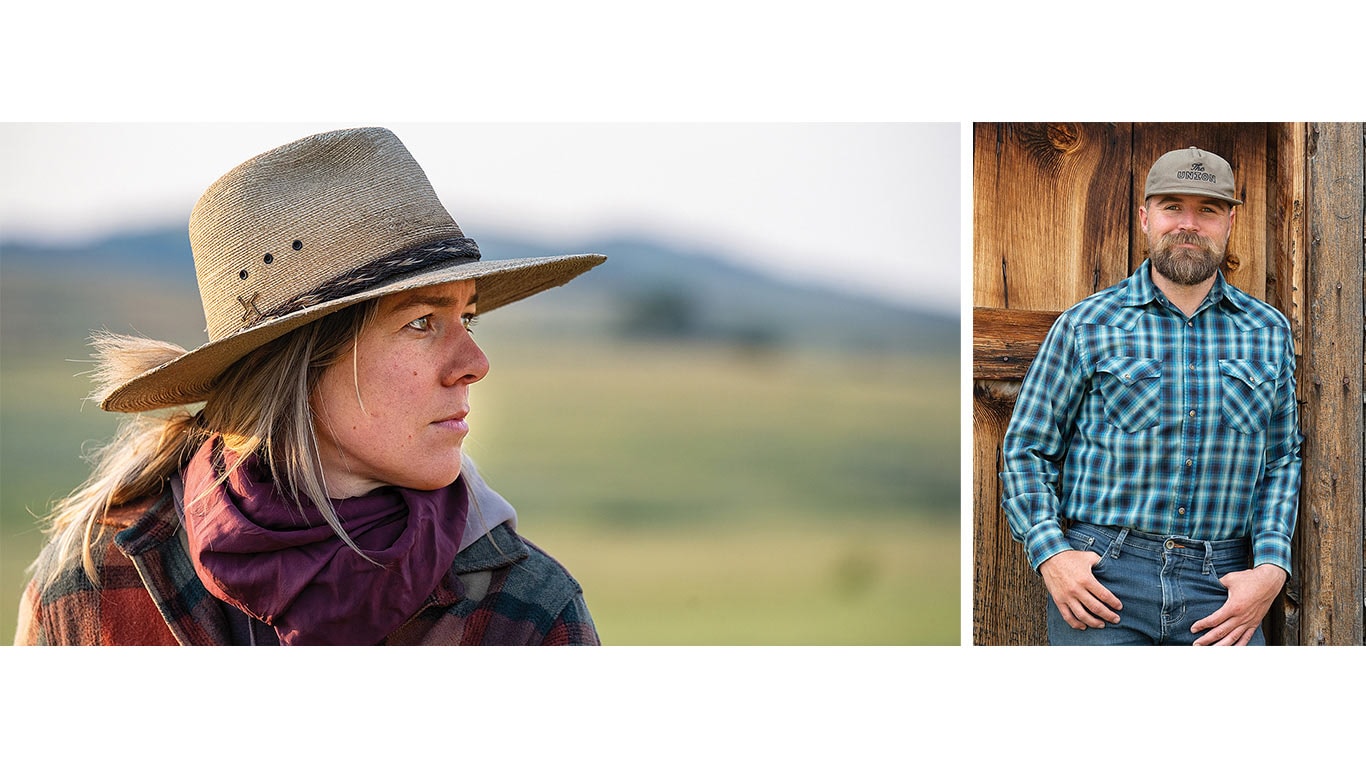 Two people wearing cowboy clothing in different environments.