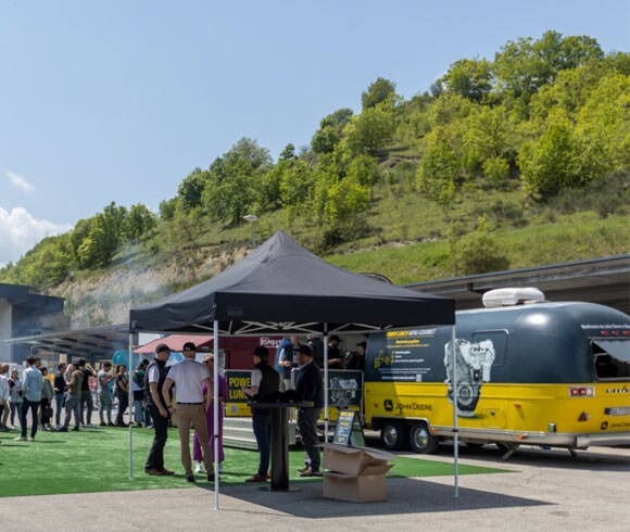 The JDPS customized Airstream food truck outside OEM customer Idrofoglia in northern Italy as part of its Power Lunch tour